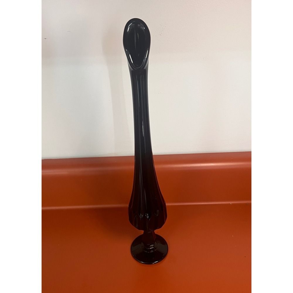 Vtg Fenton MCM Black Amethyst Swung Glass Bud Vase 6 Finger Fluted Base 14 Inch